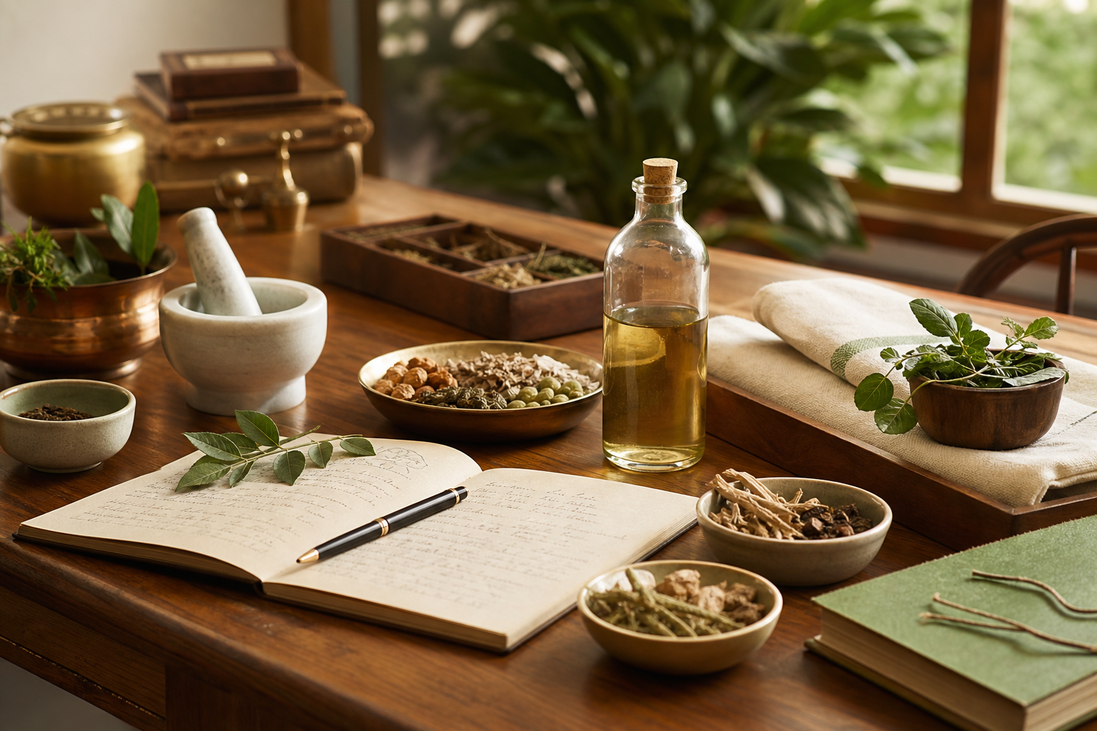 Ayurvedic consultation still life with herbs, notes, bottle, and natural materials