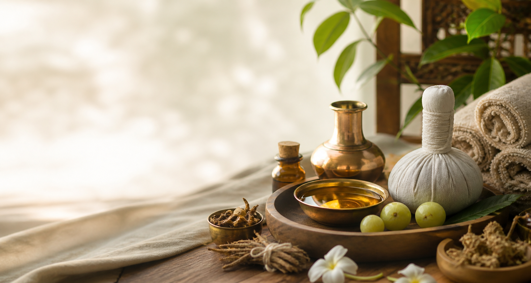Ayurvedic wellness setup with herbal oils, copper vessels, towels, and natural healing elements
